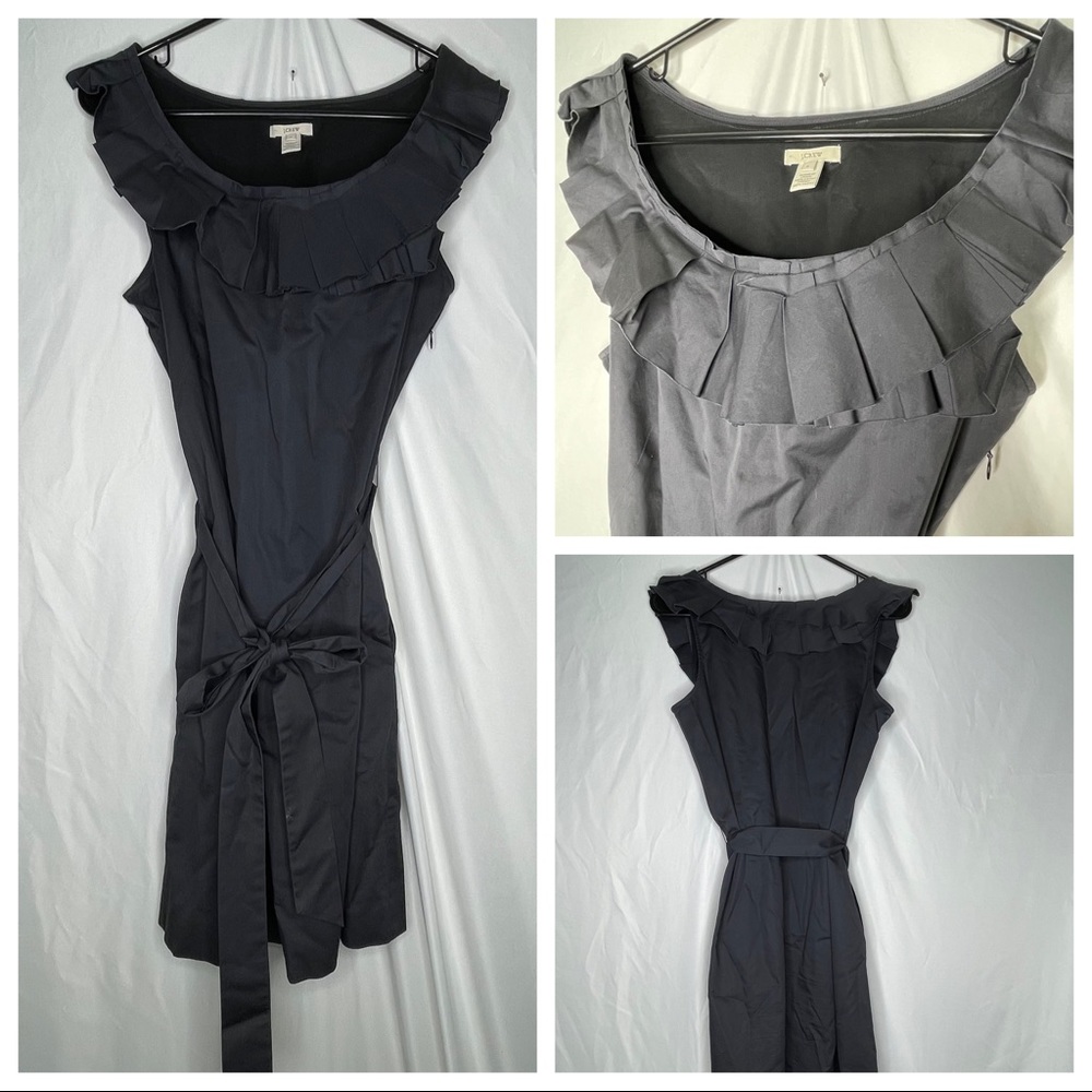 J Crew Charcoal Gray Scalloped Ruffle Neck Waist Tie Cotton Lined Sheath Dress 6